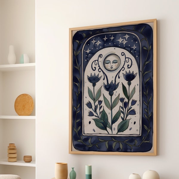 Moon Face with Flowers Folk Art Illustration Wall Decor, Moon Artwork, Boho Blue Floral Mystical Folk Vintage Art Poster or Canvas Print