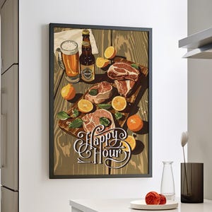 Happy Hour Food Art Vector Illustration Poster or Canvas Print, Rustic Aesthetic Art Print, Retro Food Kitchen Decor, Vintage Style Food Art
