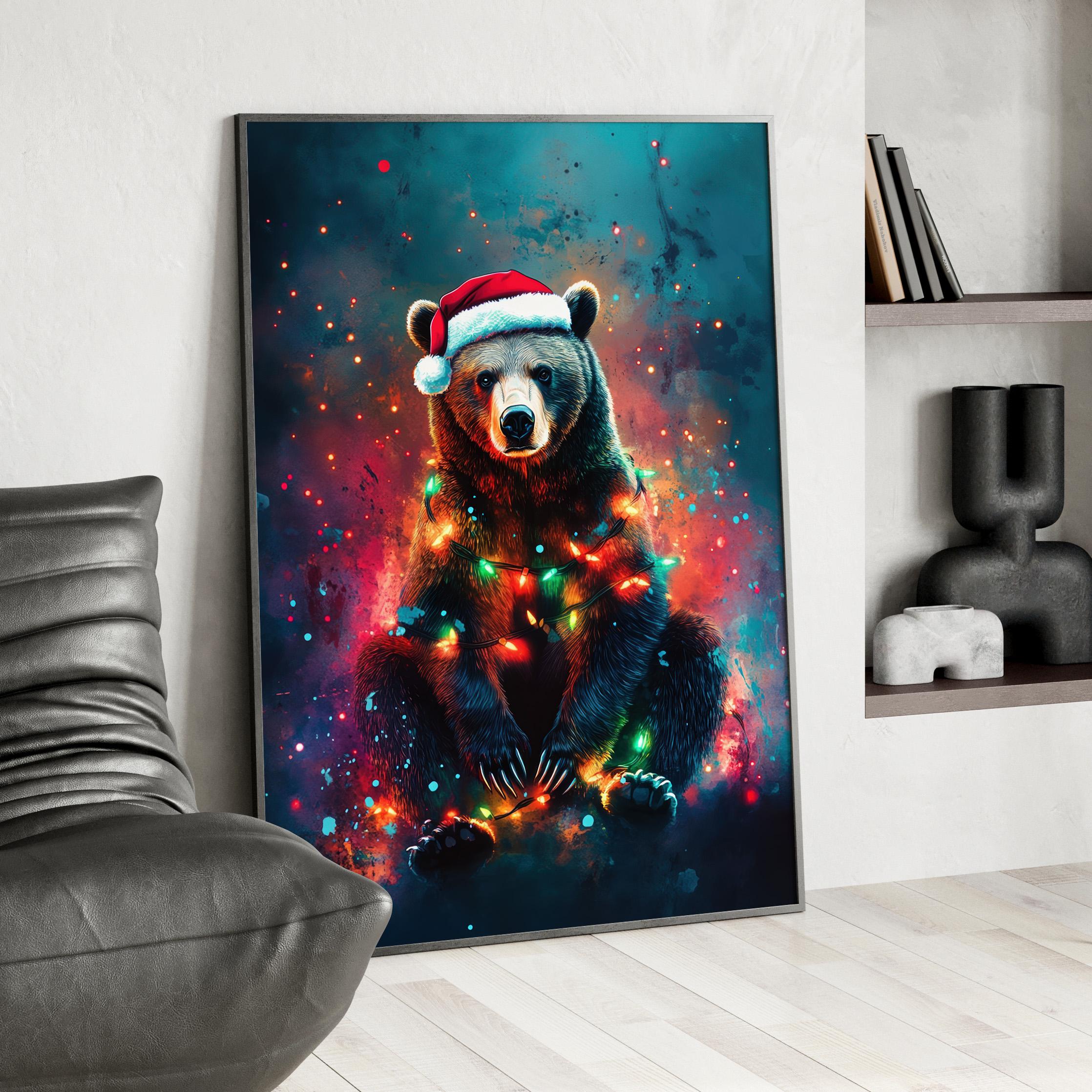 Grizzly Bear With Christmas Lights and Santa Hat Poster or Canvas Print ...