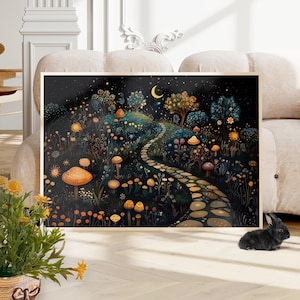 Whimsical Garden Forest Starry Night Sky Wall Art Poster or Canvas Print, Magical Moonlit Nature Print, Enchanted Forest Art Kids Room Decor