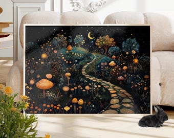Whimsical Garden Forest Starry Night Sky Wall Art Poster or Canvas Print, Magical Moonlit Nature Print, Enchanted Forest Art Kids Room Decor