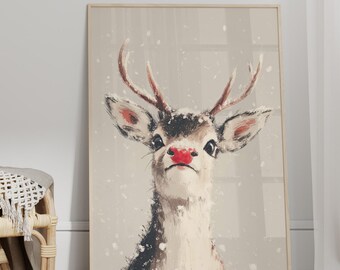Rudolph Cute Red Nosed Reindeer Christmas Wall Art Poster or Canvas Print, Minimalist Snowy Holiday Decor, Whimsical Deer Christmas Print