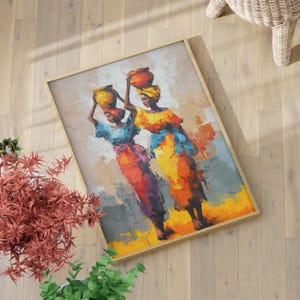Abstract African Women Carrying Water Art Poster or Canvas Print, Bold Colors Oil Painting Style, Afro Women Tribal Portrait Colorful Art