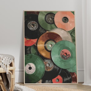 May include: A framed print featuring a collection of vintage vinyl records. The records are in various colors, including black, green, orange, and brown. The artwork has a retro aesthetic, with the records overlapping each other.