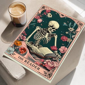 Skeleton Reading a Book Floral Botanical Pink Art Poster or Canvas Print, The Reader Tarot Card Whimsigoth Wall Decor, Botanical Art Print