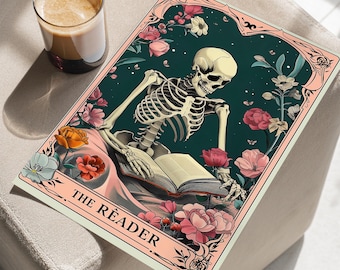 Skeleton Reading a Book Floral Botanical Pink Art Poster or Canvas Print, The Reader Tarot Card Whimsigoth Wall Decor, Botanical Art Print