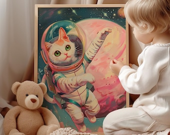 Poster da parete o stampa su tela raffigurante un gatto astronauta, gatto soriano astronauta, arte spaziale, pianeta rosa, gatto stravagante nello spazio, stile retrò, arte rosa