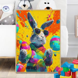 Cool Easter Bunny with Sunglasses Pop Art Poster or Canvas Print, Colorful Eggs Print, Bright Modern Holiday Print, Vibrant Animal Portrait