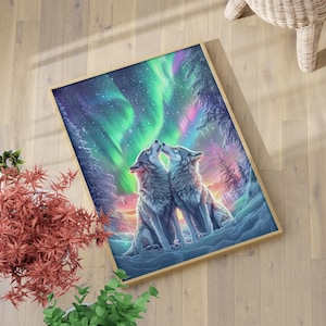 Beautiful Direwolves in the Snow Under Northern Lights Art Print Poster or Canvas, Colorful Wolf Love Winter Landscape Animal Wall Decor