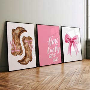 How Lucky Pink Bow and Boots Print Set of 3 Poster or Canvas, All Night Revival Poster, Coastal Cowgirl Wall Art, Girly Room Aesthetic Decor