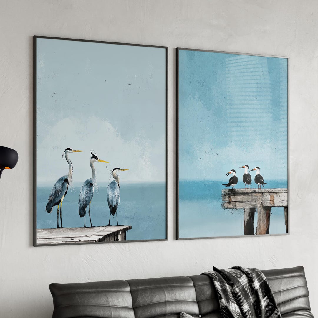 Coastal Birds Wall Art Set of 2 Poster or Canvas Print, Blue Heron and ...
