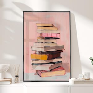 Stack of Books Oil Painting Pink Beige Tones Poster or Canvas Print, Minimalist Library Wall Decor, Gift For Bookworm, Book Stack Art Print