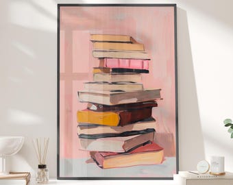 Stack of Books Oil Painting Pink Beige Tones Poster or Canvas Print, Minimalist Library Wall Decor, Gift For Bookworm, Book Stack Art Print