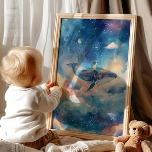 Boy Flying with Humpback Whale Portrait Blue Artwork Poster or Canvas Print, Beach Artwork, Boy and Whale Blue Dreamy Nursery Wall Decor