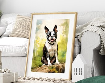 Unique Watercolor Style Boston Terrier Wall Art, Cute and Playful Dog Poster, Aesthetic Black and White Animal Print, Gift For Dog Lover