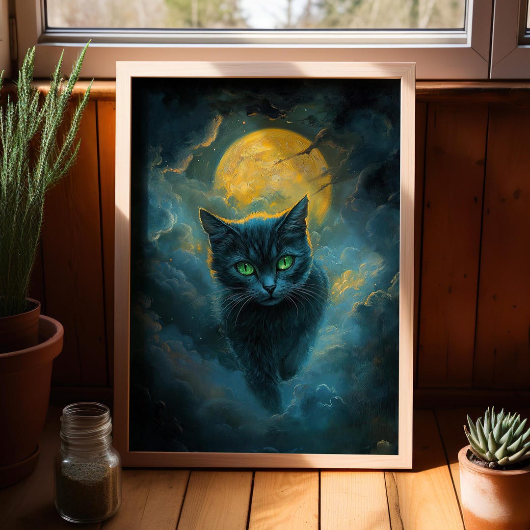 Russian Blue Cat on the Cloudy Sky Moonlit Oil Painting Poster or ...