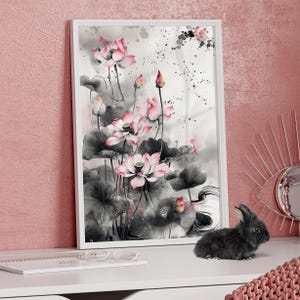Chinese Red Lotus Flowers Ink Painting Poster or Canvas, Abstract Botanical Art Print, Red Flower Wall Art, Zen Nature Art Minimalist Decor