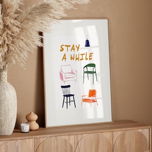 Stay A While Retro Line Art Print Poster or Canvas, Hand Drawn Sketch Print, Minimalist Home Decor, Bauhaus Furniture Art, Exhibition Poster