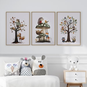 Whimsical Woodland Themed Wall Art Set of 3 Prints Poster or Canvas, Botanical Wall Art Nursery Wall Decor, Trees and Animals Kids Wall Art