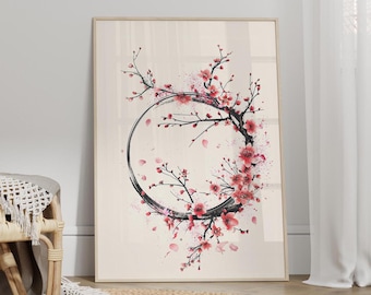 Cherry Blossoms Zen Circle Japanese Minimalist Print Poster or Canvas, Zen Sakura Art, Japanese Wall Art, Cherry Blossom Ring Art, Zen Art