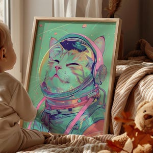 Space Cat Astronaut Retro Wall Art Canvas or Poster Print, Cat in Space Gradient Green Nursery Wall Decor, Tabby Cat Astronaut, Space Art