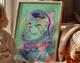 Space Cat Astronaut Retro Wall Art Canvas or Poster Print, Cat in Space Gradient Green Nursery Wall Decor, Tabby Cat Astronaut, Space Art