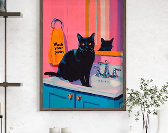 Funny Black Cat Bathroom Art Poster or Canvas Print, Retro Wash Your Paws Poster, Quirky Feline Maximalist Wall Art, Colorful Dopamine Decor