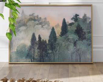 Misty Overlapping Forest Watercolor Art Poster or Canvas Print, Pine Green Landscape Wall Decor, Atmospheric Woodland Tranquil Nature Art