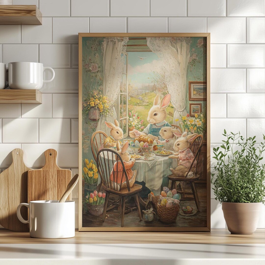 Vintage Easter Bunny Family Painting Poster or Canvas Print ...