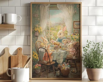 Vintage Easter Bunny Family Painting Poster or Canvas Print, Cottagecore Decor, Spring Country Home Art Print, Rabbit Farmhouse Wall Art