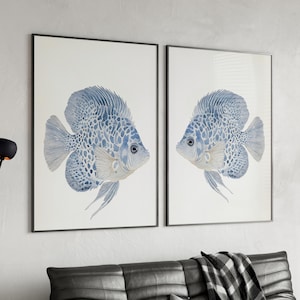 Discus Fish Minimalist 2 Piece Set Wall Art Poster or Canvas Print, Blue Fish Watercolor Painting, Light Blue Marine Life Coastal Wall Art