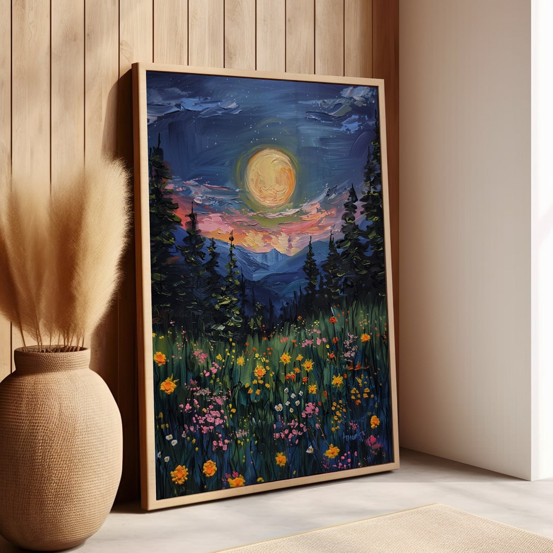 Full Moon Over Woodland and Wildflowers or Canvas, Cottagecore Wall Art ...