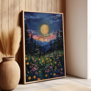 Full Moon Over Woodland and Wildflowers or Canvas, Cottagecore Wall Art, Enchanting Moon Nature Floral Moon Art Print, Midnight Moon Poster