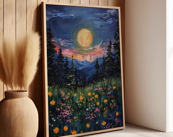 Luna piena su boschi e fiori selvatici o tela, arte murale Cottagecore, stampa artistica floreale con luna e natura incantevole, poster con luna di mezzanotte