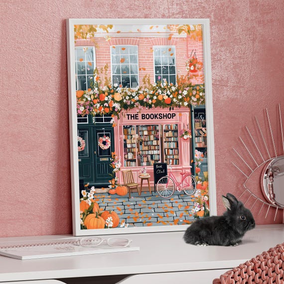 The Bookshop Autumn Wall Art Poster or Canvas Print, Cozy Pink Floral Fall Bookstore Art Print, Pumpkin Spice Cafe Decor, Book Lover Gift
