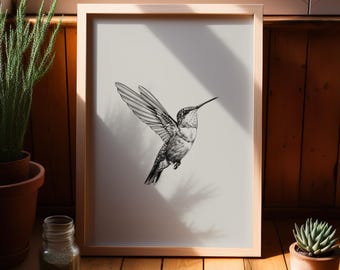 Hummingbird Pencil Drawing Minimalistic Wall Art Poster or Canvas Print, Hummingbird Outline Print, Bird Art Print, Animal Sketch Wall Decor