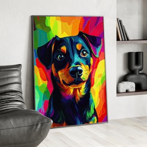 Colorful Dog Portrait Vibrant Oil Painting Poster or Canvas Print, Cute Pet Illustration, Modern Minimalist Dog Wall Art, Bold Cartoon Decor
