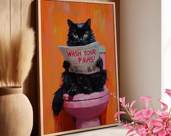 Black Cat on a Pink Toilet Painting Poster or Canvas Print, Wash Your Paws Funny Cat Bathroom Wall Art, Humorous Cat Reading Newspaper Print