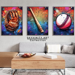 Retro Graffiti Home Run Wall Art Print Set or Canvas, Boys Room and Man Cave Baseball Wall Art, Cool & Vintage Baseball Glove Bat Ball Decor