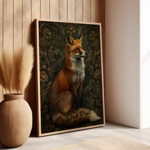 Impression d'art floral vintage de renard roux ou toile, impression d'art de renard et de fleurs, décor cottagecore Académie sombre, affiche de renard inspiré de William Morris