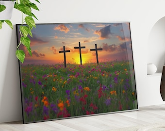 Three Wooden Crosses in the Wildflower Field Sunset Wall Art Poster or Canvas Print, Springtime Christian Wall Art, Colorful Peaceful Scene