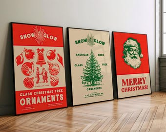 Retro Christmas Wall Art Set of 3 Poster or Canvas Print, Vintage Holiday Decor, Nostalgic Festive Christmas Home Prints, Holiday Party Gift