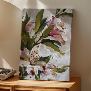 Lily of the Incas Flower Painting Poster or Canvas Print, Alstroemeria Abstract Botanical White and Pink Floral Modern Boho Nature Art Print