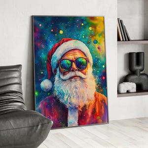 Psychedelic Santa Portrait in Sunglasses Colorful Watercolor Art Poster or Canvas Print, Rainbow Holiday Art Santa Claus Pop Style Art Decor