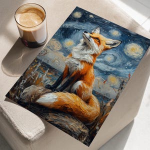 Van Gogh Inspired Red Fox Portrait Starry Night Sky Oil Painting Poster or Canvas, Red Fox Stargazing Abstract Sky Art Wild Animal Art Print