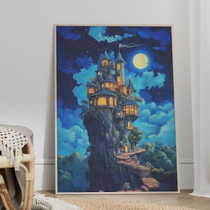 Whimsical Castle on Cliff Art Poster or Canvas Print, Fantasy Wall Art, Dreamy Starry Night Sky Anime Landscape, Enchanting Night Scene Art