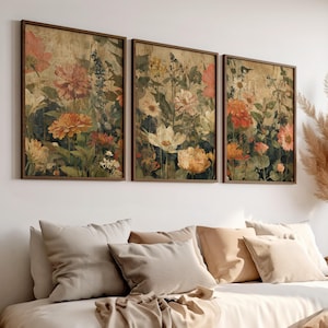 Vintage Floral Botanical Wall Art Set of 3 Poster or Canvas Print, Retro Wildflower Garden Print, Antique Floral Pattern, Rustic Home Decor
