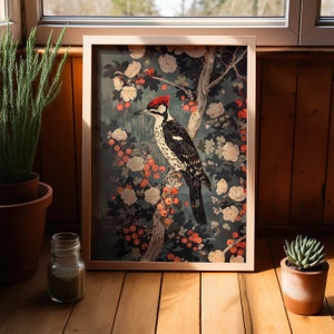Helmspecht William Morris Wandkunst Druck oder Leinwand, Vintage Vogelliebhaber Geschenk für Sie Cottagecore Dark Academia Mid Century Botanisch