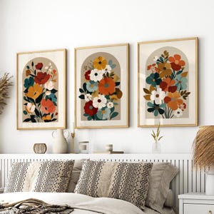 Boho Arch Flowers Set of 3 Poster or Canvas Print, Abstract Wildflowers Botanical Art Print, Terracotta Wall Art, Minimalist Floral Decor
