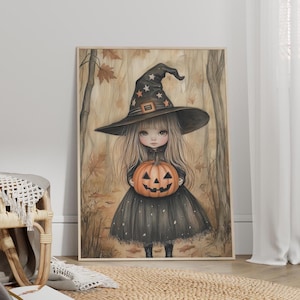 Cute Little Witch with Pumpkin Head Whimsical Wall Art Poster or Canvas Print, Halloween Poster, Halloween Girl Witch Art Print, Witchy Gift